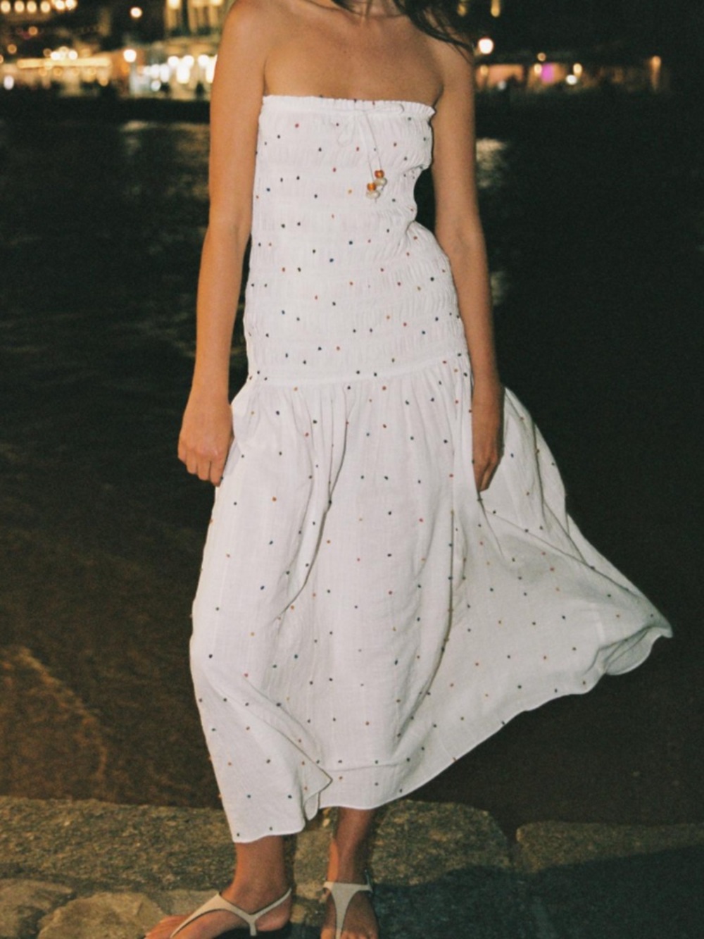 Zara White Strapless Midi Dress with Tiny Multicolor Dots
